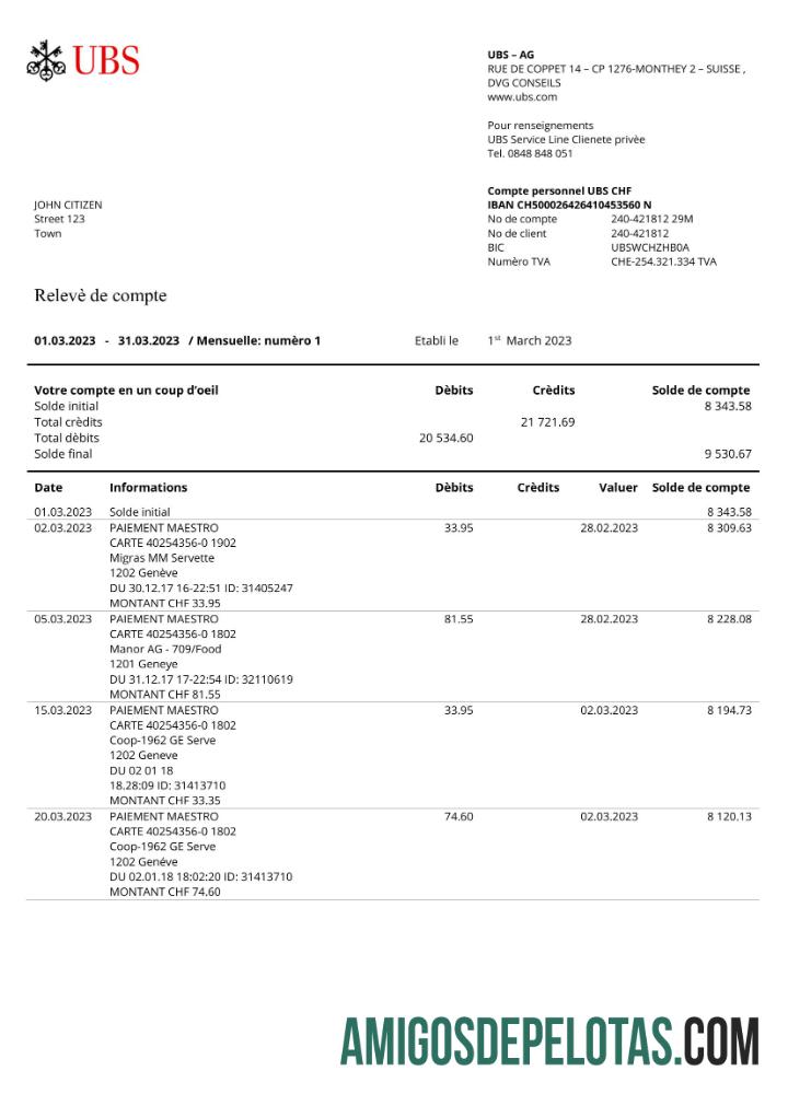 Extrato bancário do UBS da França para download, modelo Word e PDF